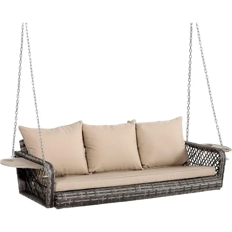 3 Person Porch Swing Patio Wicker Hanging Porch Swing Chair Outdoor Rattan Swing Bench with Cushion and Pillow