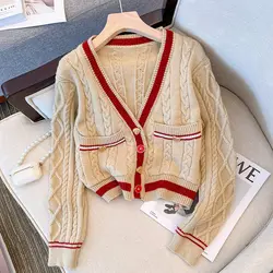 Buttons Knitting Tops Solid Color Ladies Casual Cardigan Autumn Winter Thin Fashion Loose Women's Clothing Screw Thread Sweaters