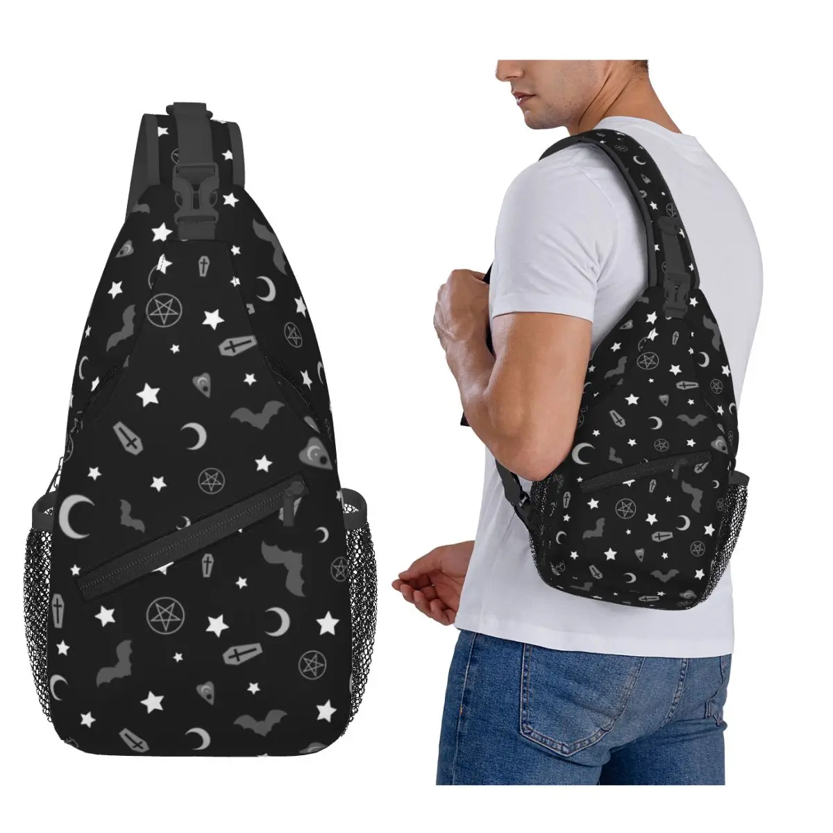 Bats Goth Occult Pattern Chest Bag Men Sling Crossbody Backpack Chest Bag Travel Hiking Daypack Shoulder Bag