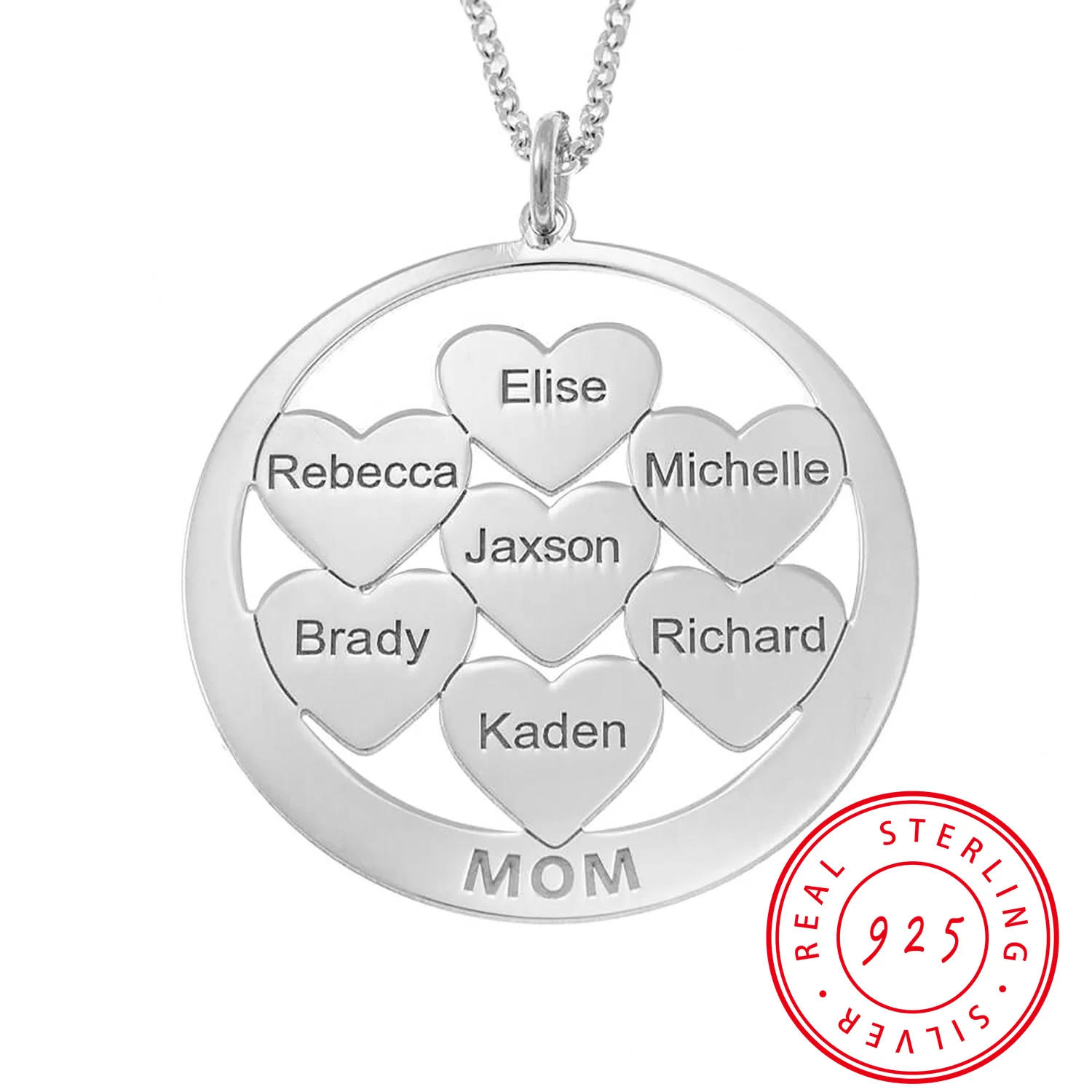 

Round Heart 925 Silver Engraved Family Name Necklace Personalized Customizable Name Mother's Day Gifts for Family Friend Jewelry