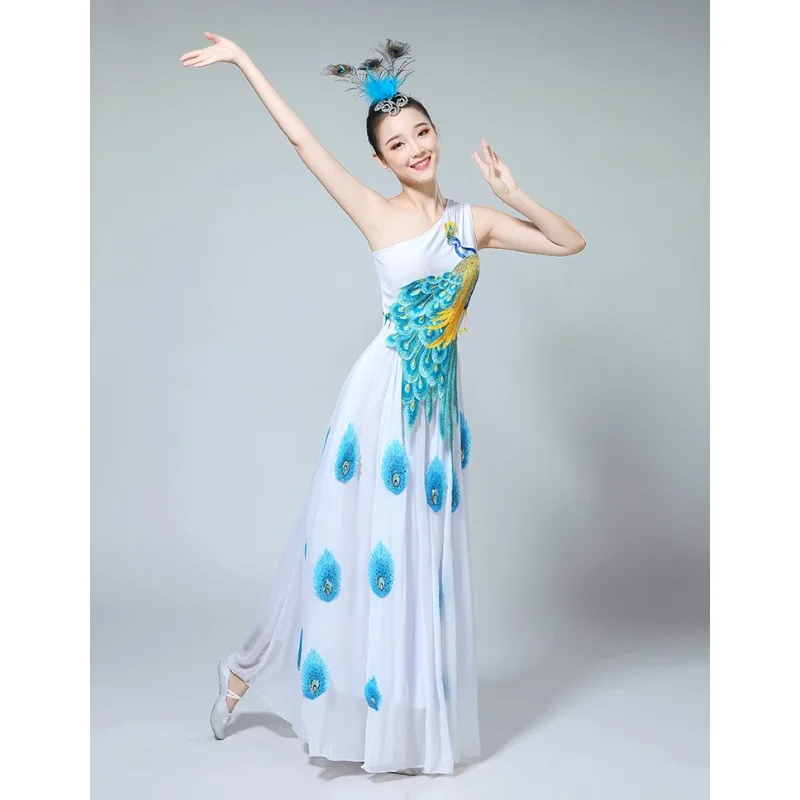Elegantes Pfauentanz-Performance-Kostüm, klassischer neuer Stil, Yangqigong-Tanzkleidung für Darsteller