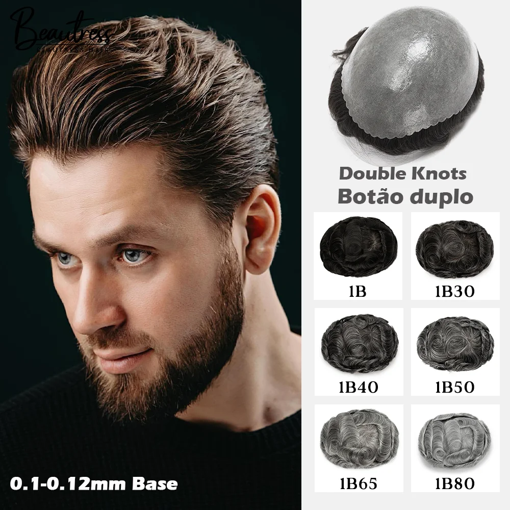 0.1-0.12mm Double Knots Men Toupee Thin Skin Male Wig Remy Human Hair Injection Men's Capillary Prosthesis Hair System Brazil