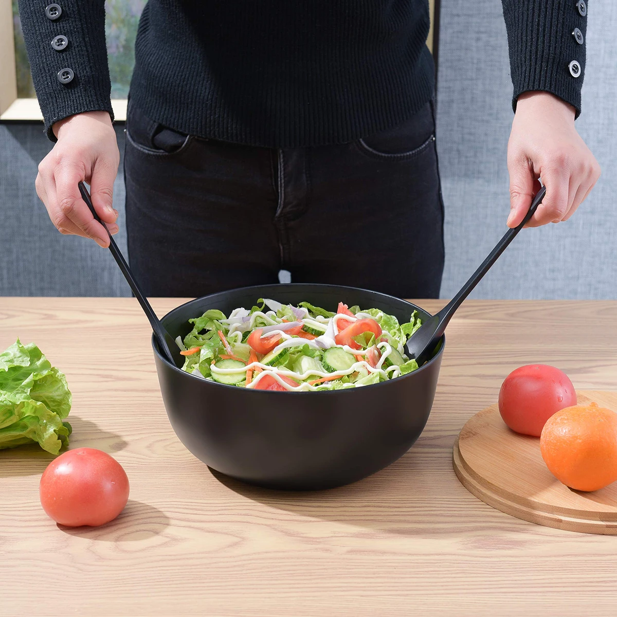 Environmental Protection Bamboo Fiber Salad Bowl Bamboo Cover With Spork Spoon Multi-functional Simple Salad Bowl Kitchen Tools