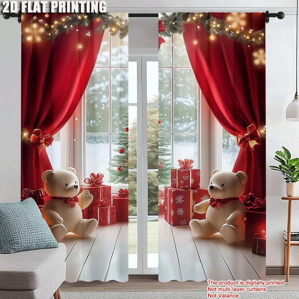

2Pcs Christmas Themed Window Curtains Gift Box And Bear Design Polyester Material Drapes For Bedroom Living Room Office Decor