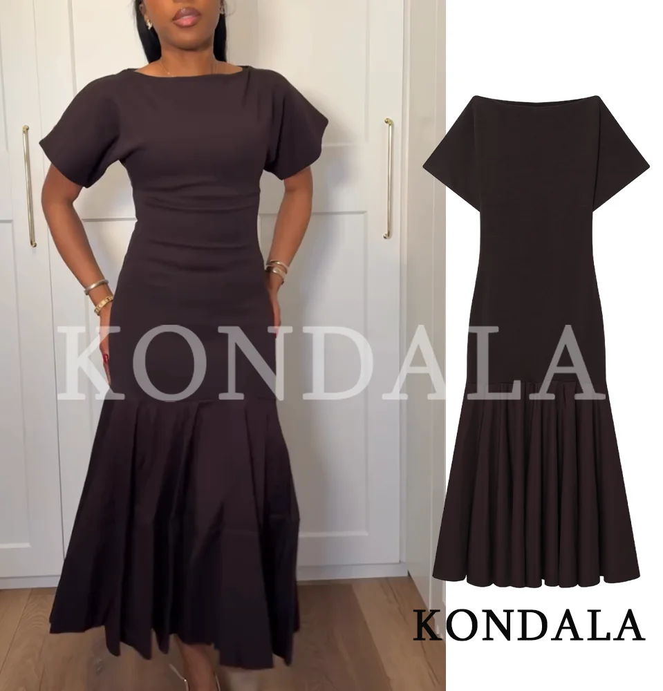 Robe longue plissée élégante et décontractée pour femme KONDALA, col bateau vintage, nouvelle collection Printemps-Été 2026, coupe ajustée