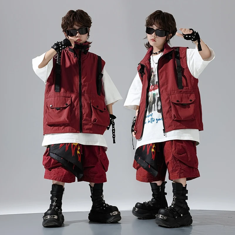 Nuovo vestito da ballo estivo Ragazzi Abiti hip-hop Costumi di danza jazz di strada Vestito rosso Top Pantaloncini Vestito di scena Abbigliamento da passerella DQL11007