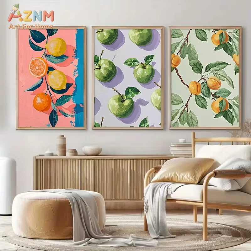 3PCS Vibrant Citrus Green Apple Apricot Fruit Art Canvas Prints Watercolor Style Modern Kitchen Living Room Decor Unframed Wall