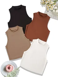 Solid Color Tank Top 4 Packs Casual Crew Neck Sleeveless Crop Top For Spring & Summer Women's Clothing