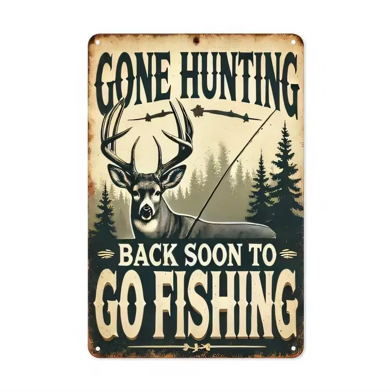 Vintage Deer Hunting & Fishing Retro Metal Tin Sign, Rustic Iron Wall Art with Pine Trees, Perfect for Man Cave, Cabin & Hunting