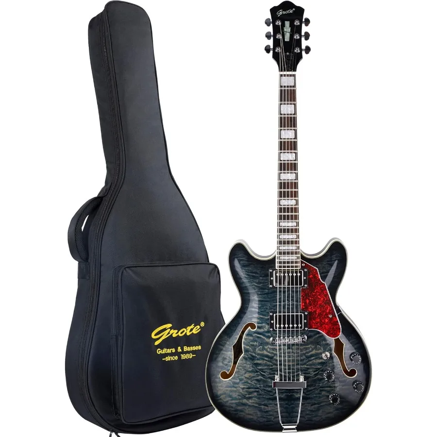 

Jazz Electric Guitar Semi-Hollow Body Trapeze Tailpiece Bridge Guitar Gig Bag Black02