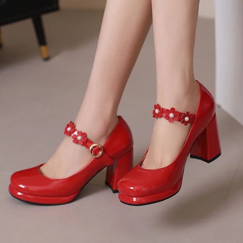 REAVE CAT 2024 Sweet Women Pumps Shoes 1.5cm Platform Round Toe 8cm Thick Heel Patent Leather Buckles Big Size 43 44