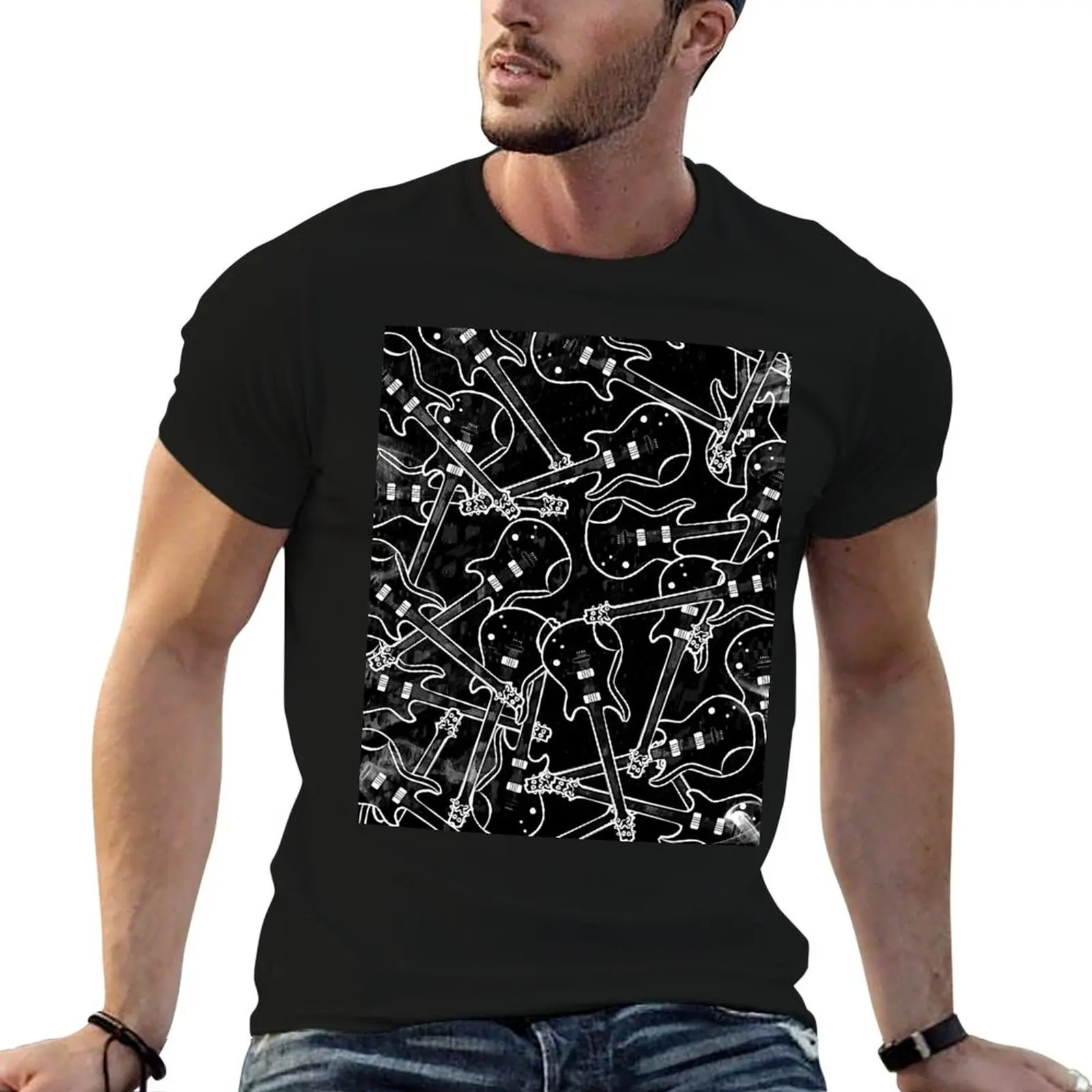 

Guitars Pattern in Black and White T-Shirt anime t shirts basketball graphic tees oversized t shirts for men