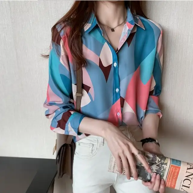 

Printed Chiffon Shirt for Women Long-sleeved Spring New Korean Style Fashionable Simple Temperament Versatile Loose Top