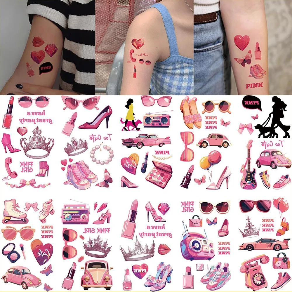 Temporária Pink Party Tattoo Sticker, Girl Theme Party Decoration, à prova d'água Pink Glasses Shoe, Birthday Party, 10Pcs