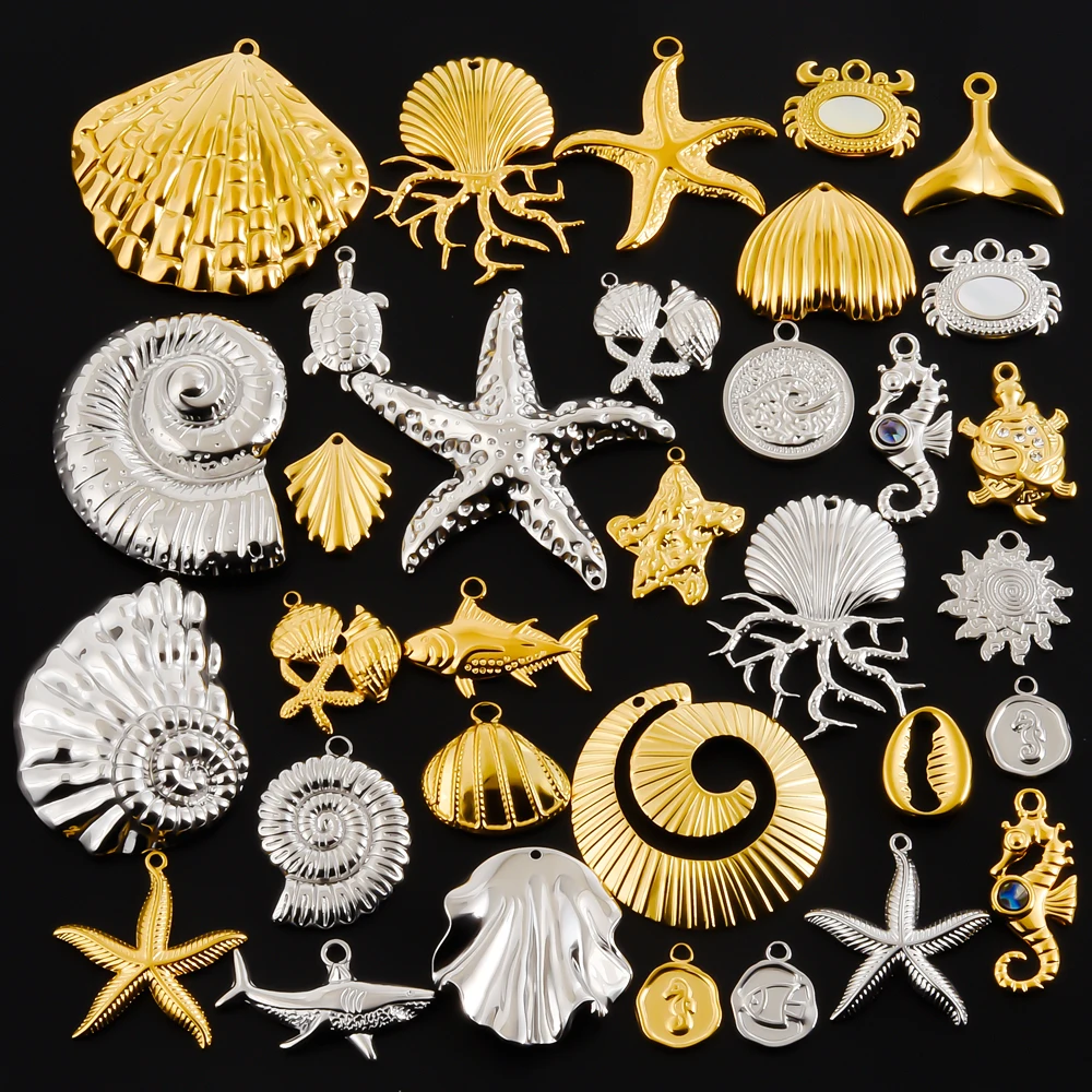 9Pcs/Lot Wholesale Summer Ocean Sea Starfish Conch Shell Mermaid Tail Pendant Assorted Turtle Shark Fish Crab Colgantes Jewelry