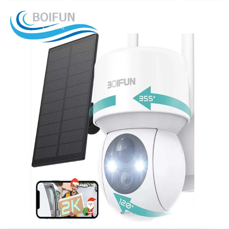 BOIFUN  2K WiFi Wireless Outdoor Home Security Camera with Solar Panel, Two-Way Audio, Night Vision , 5200mAh Battery IP65