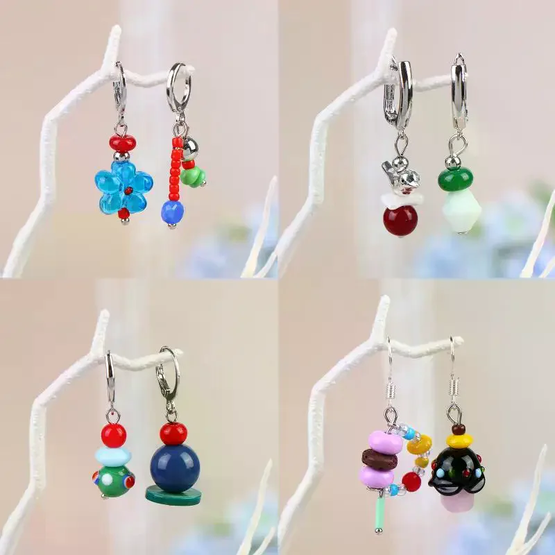 Asymmetric Handmade Geometric Candy Beads INS Drop Earrings Women Fashion Dopamine Colorful Metal Earrings Gift