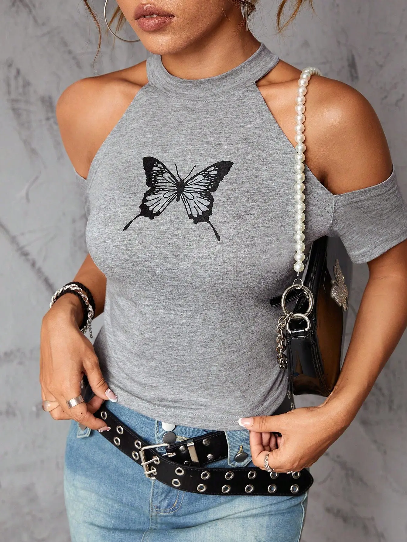 Bold Shade Open Shoulder Sexy Butterfly Print Blouses Fairy Grunge Aesthetic Y2k Retro T-shirts Female Streetwear Grey Crop Tops