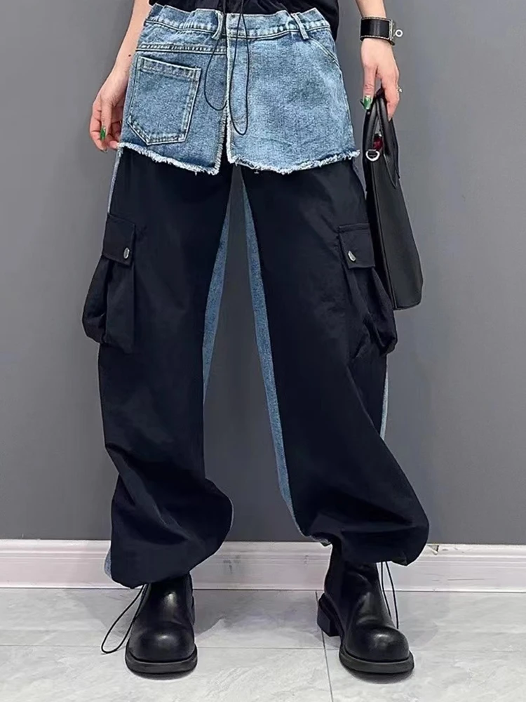 [EAM] High Waist Black Color-block Denim Burr Wide Leg Jeans New Women Trousers Fashion Tide Spring Autumn 2024 7AB3756