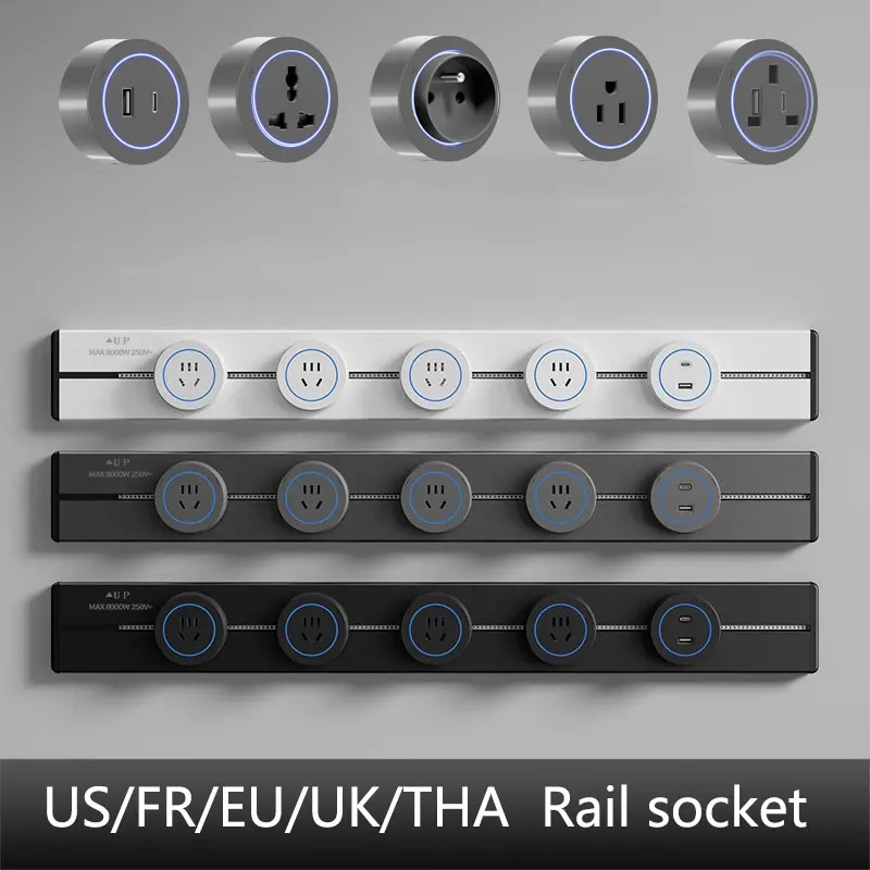 

30/40/50cm Track Socket Wall Power Rail Movable Adapter Plug Sockets High End Home Appliance Power 8000W EU US UK Standard USB