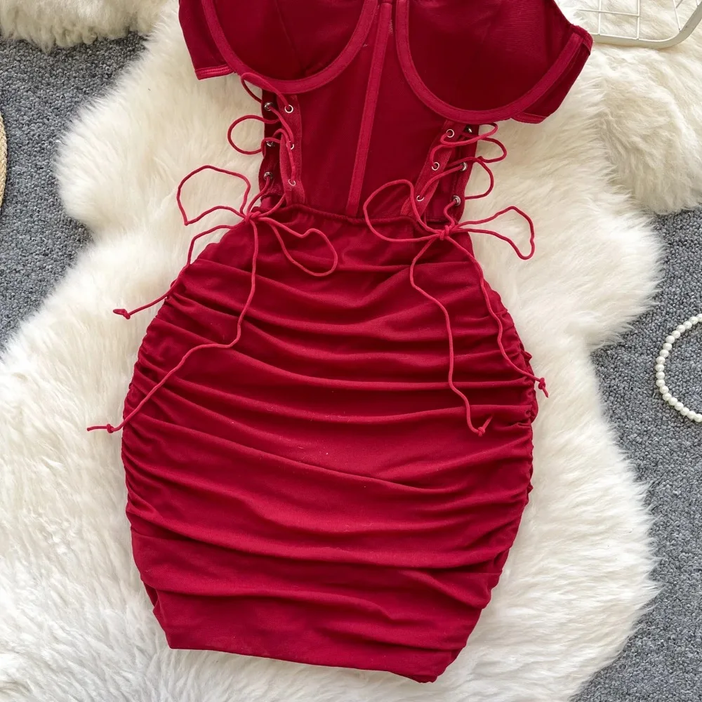 섹시한 컷 아웃 Draw String ﻿   메쉬 주름 인쇄 슬립 드레스 세련된 빈티지 여성 세련된 슬림 여름 연필 드레스