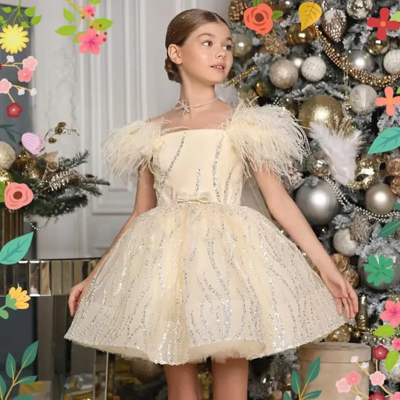 

2024 New Children's Princess Evening Gown Sequin Feather Design Kids Wedding Birthday Baptism Eid Party Girls Dresses