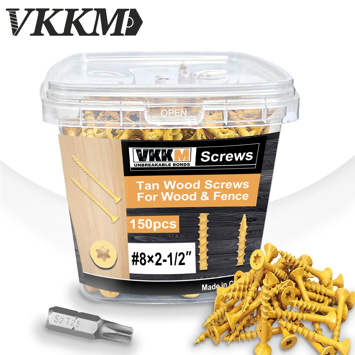 

VKKM Deck Screws 2-1/2 Inch, Wood Screws #8 x 2-1/2", 150 PCS,Rust Resistant Tan Coated, T25 Free Bit Inclouded