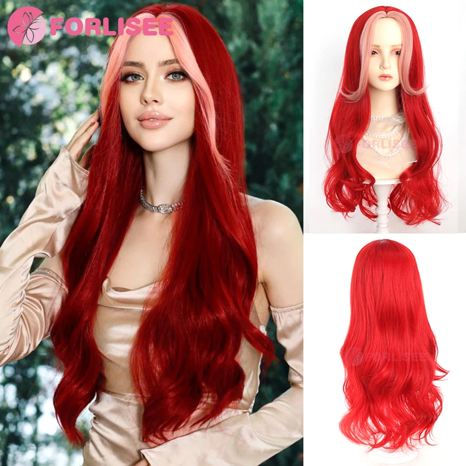 

25 Inch Highlighted Long Wavy Wig Burgundy Mixed Pink Natural Middle Parted Wavy Hair Synthetic Wig For Women Daily Party Use