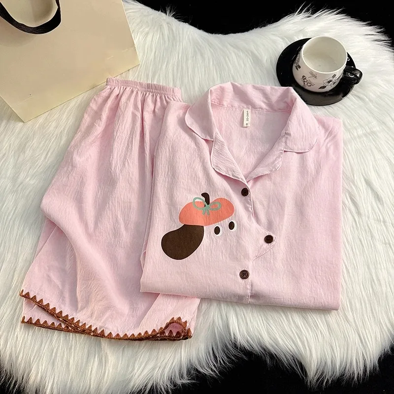 Women's Pajamas Cute Dog Sheep Print Short Sleeve Sleepwear Lapel Button Down Homewear Elastic Waist Shorts Casual Loungewear