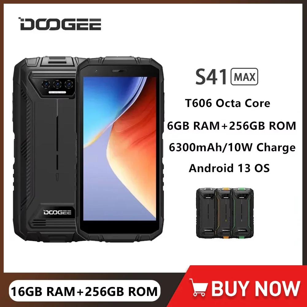 DOOGEE S41 Max Rugged Phone Octa Core 5.5Inch IPS HD+ Screen 16GB+256GB Smartphone Android 13 13MP AI Camera 6300mAh Battery NFC