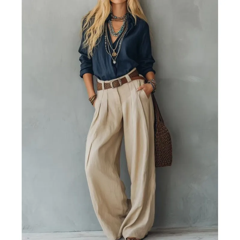 2026 New Autumn Women's Pants Set V-neck Casual Loose Fashionable Comfortable Temperament Versatile Loose And Commuter Pants Set