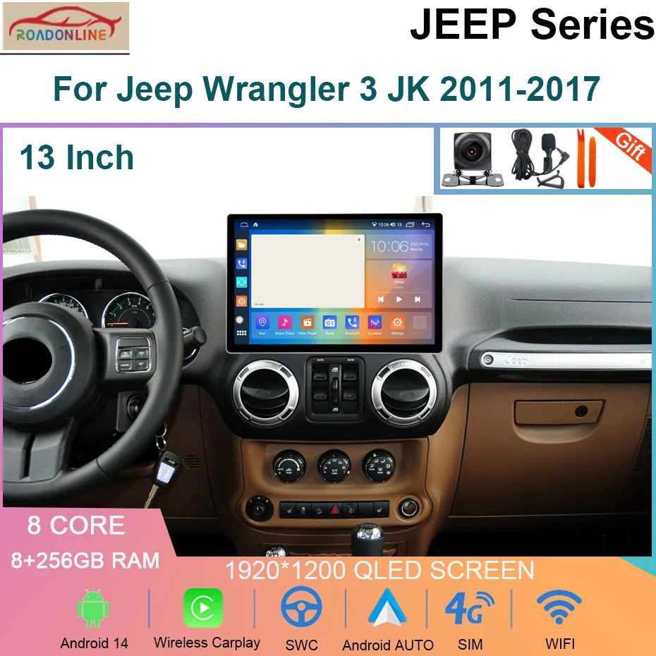 Android 14 8+256GB 13 INCH 2K Screen Car Radio For Jeep Wrangler 3 JK 2010-2018 GPS Multimedia Player Carplay GPS Stereo 4G