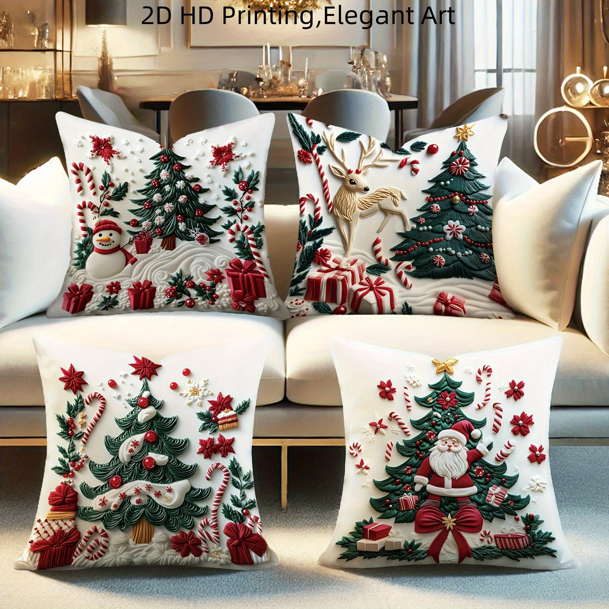 4pcs Christmas Pillow Covers, Snowman Reindeer Santa HD Print, Embossed Polyester, Zipper Washable, for Living Room Decor