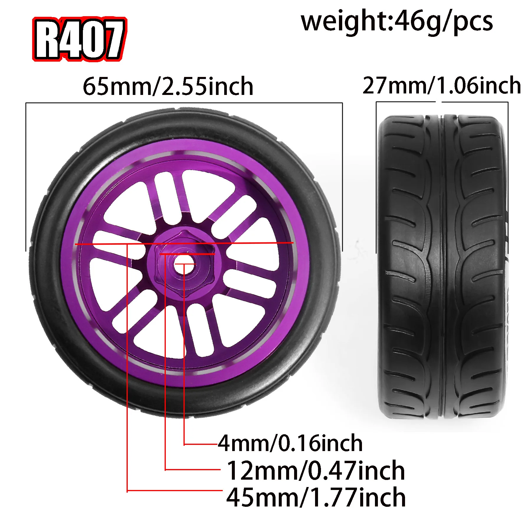 1/10 RCレーシングホイールタイヤメタルホイールリムハブ12mmヘックス（1:10 RC TT01 TT02 XV01 XV02 PTG-2 HSP HPI 京商オンロードカー タミヤ用）