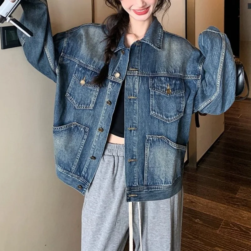 Denim Jackets Women Short Coat Pockets Streetwear Distressed Washed Single Breasted Turn Down Collar Autumn 2026 Outerwear