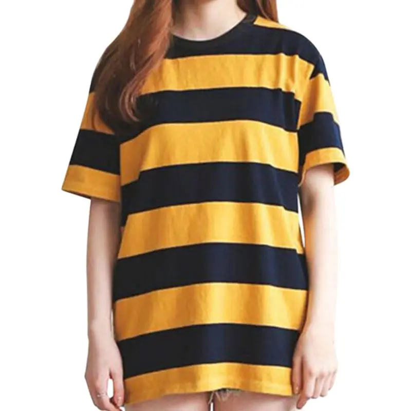 Women Yellow Black Stripes Short-sleeved T-shirt Girls O-Neck Casual Tops Summer Autumn Classic Shirts