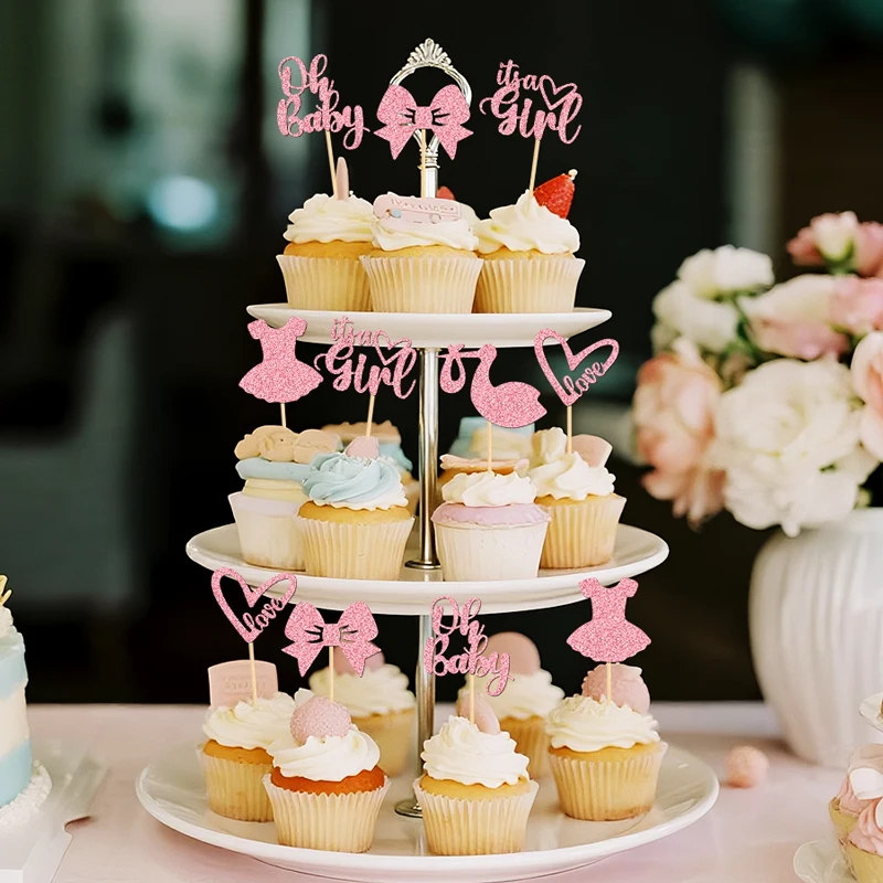 YOMDID 24 Stück Baby-Shower-Cupcake-Topper, Gender-Reveal-Kuchenaufsätze, Glitzer-Liebesherzen, Liebes-Schriftzug, Schleifen-Kleid-Kuchendekorationen – Detail 11