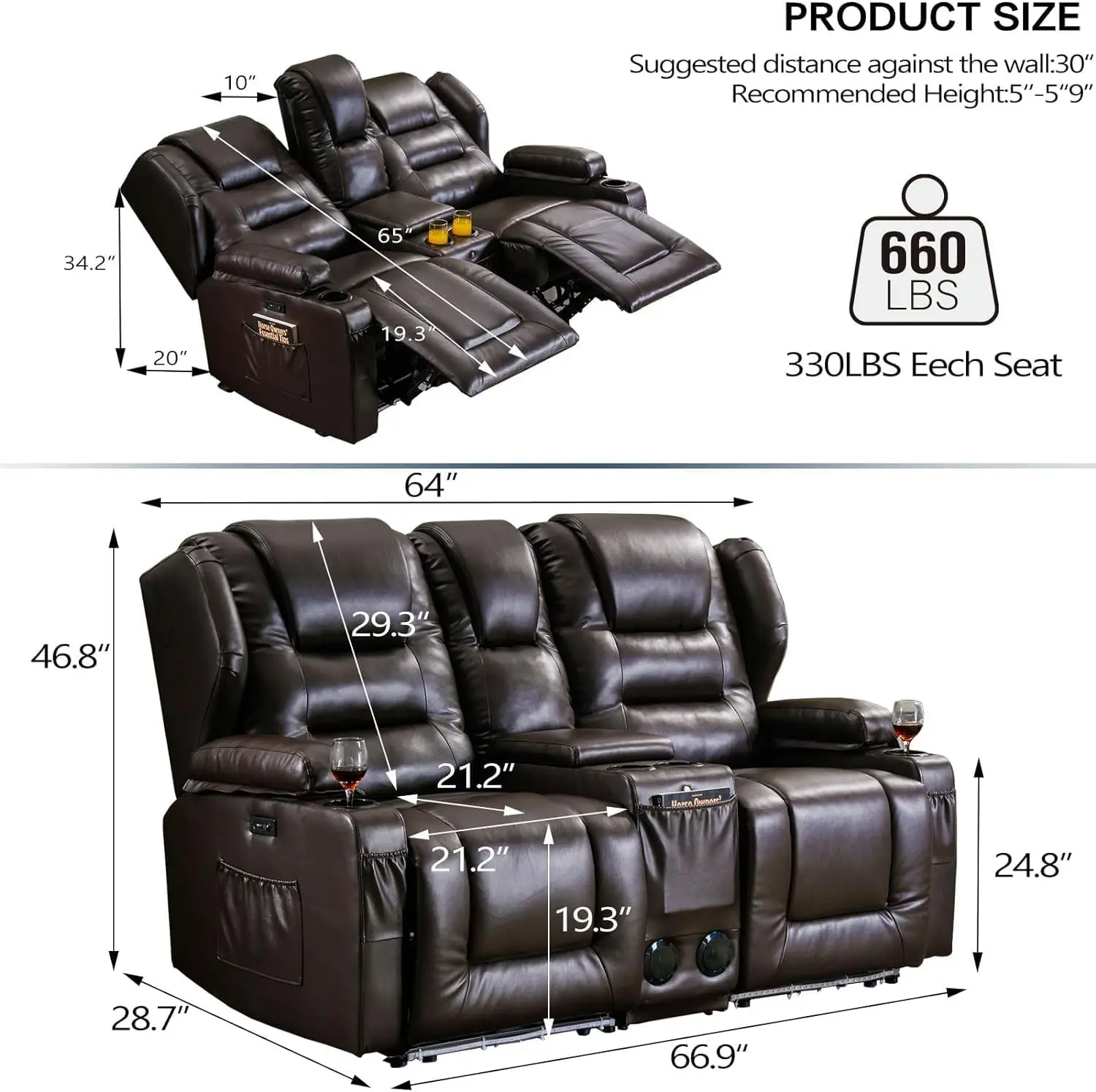 Power Loveseat Liegesofa – Elektrische Heimkino-Sitze, RV-Liegestuhl mit Konsole, 2-Sitzer-Sofa für Wohnmobile