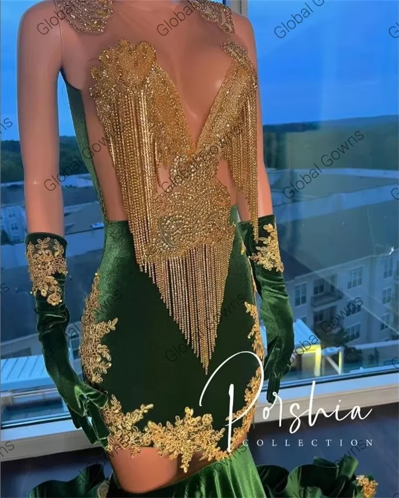 Green Tassel Prom Dresses Long With Gloves Bead Crystal Rhinestone Formal Gowns Mermaid O Neck Graduation Dress Customized