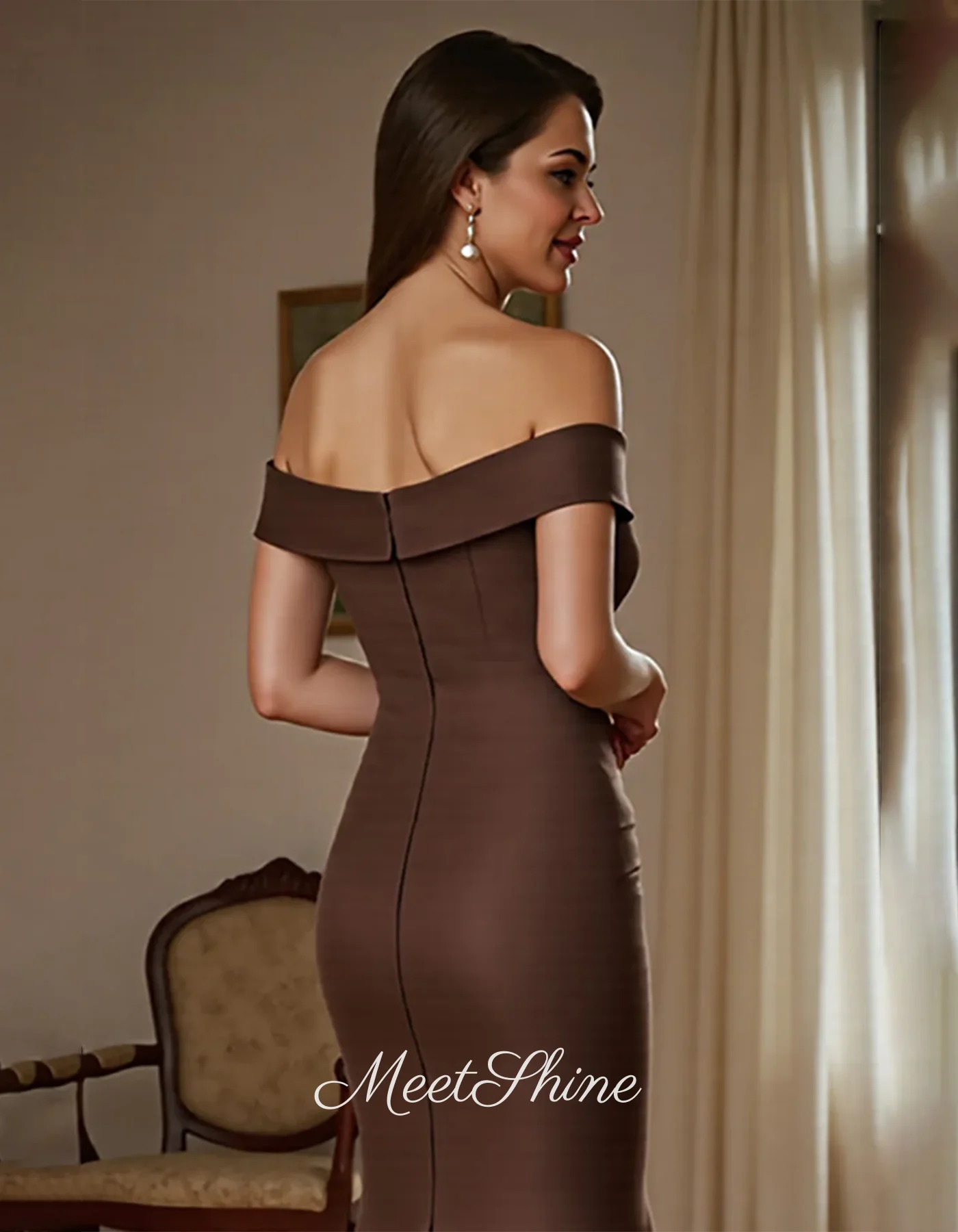 ブラウンオフショルダーマーメイドイブニングドレスサウジアラビアセクシーなコルセット恋人サテンフォーマルウェディングウエディングドレスカスタマイズ