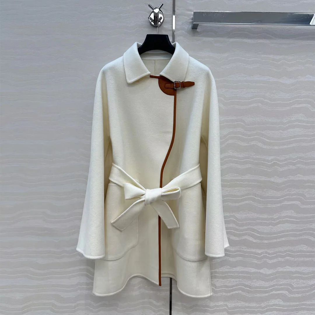 2025 New Winter Wool Cashmere Double-sided Woolen Coat Women Sheepskin Leather Buckle Lapel Long Sleeve Slim Belt Long Jacket