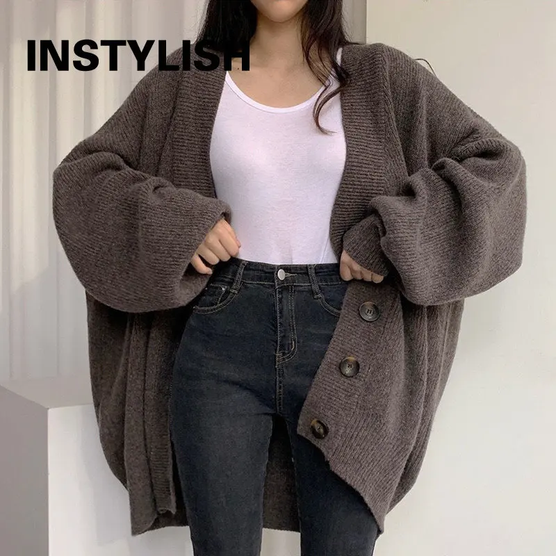 Women Vintage Lazy Knitted Cardigan Elegant Harajuku V Neck Single-breasted Loose Lantern Sleeve Sweater Coat Oversized Sweater