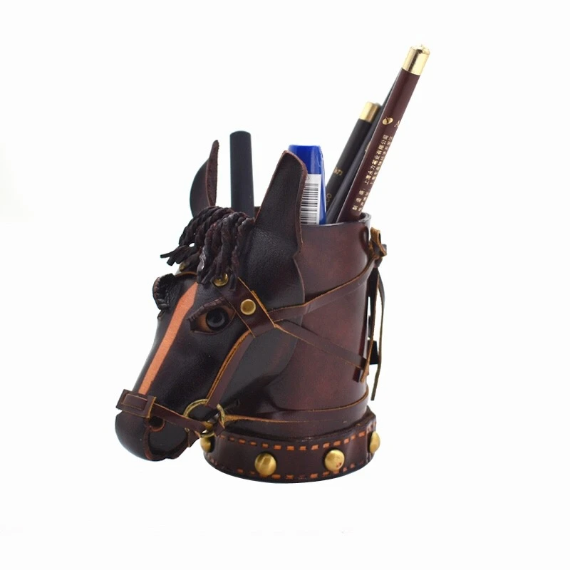 Leather pen holder, handmade vegetable tanned cowhide, office table, home study storage bucket, vase