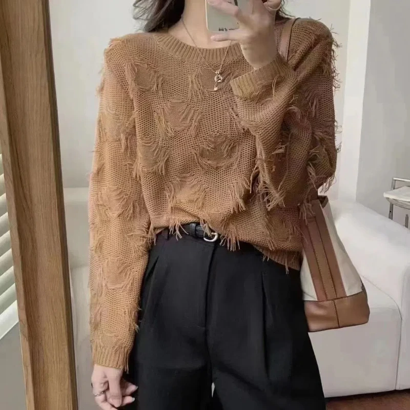 European Autumn Women's New European Style Tassel with Fringed Edges Playful Temperament Can Be Salted Loose Knitted Sweater