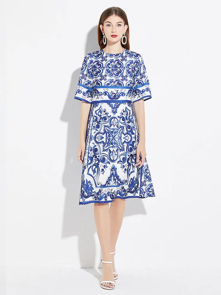 Banulin Summer Runway Sicily Midi Dress Women Short Sleeve  High Street Blue Flowers Print Slim Casual A-Line Knee Length Dress