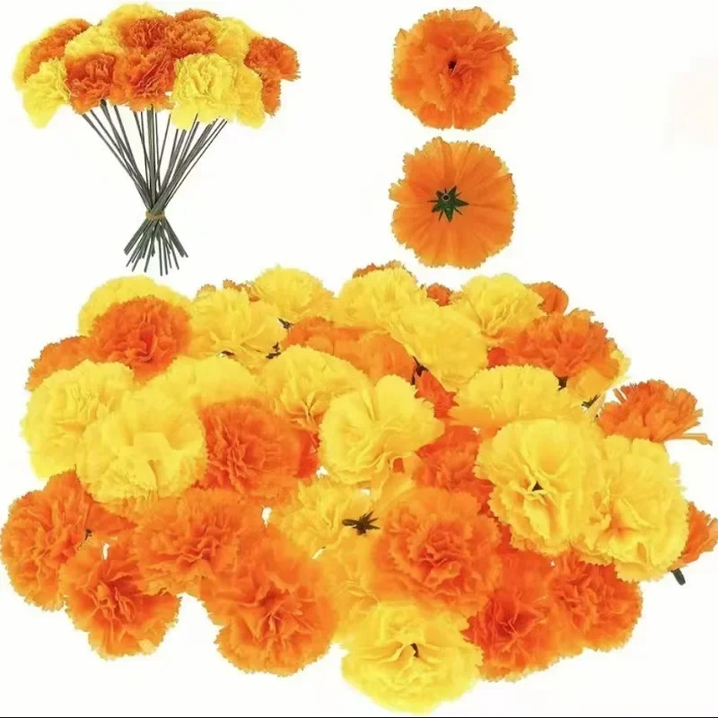 10-100 Uds. Cabezas de flores de caléndula de clavel Artificial para el Día de Halloween de los muertos Diwali Festival decoración suministros para fiestas