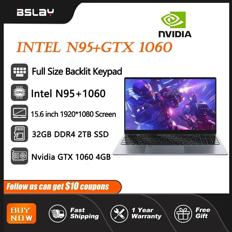 Laptop Intel N95 NVIDIA GTX 1060 4GB 3.4 GHz 32GB DDR4 2TB SSD HD Camera Fingerprint Unlock Backlit Keypad 15.6 Inch Computer