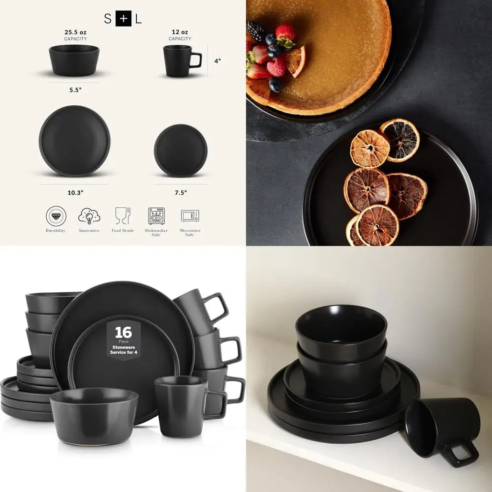 

Black Matte 16-Piece Dinnerware Set by Celina Stoneware: Minimalist Round Plates & Bowls for 4, Microwave and Dishwasher Safe