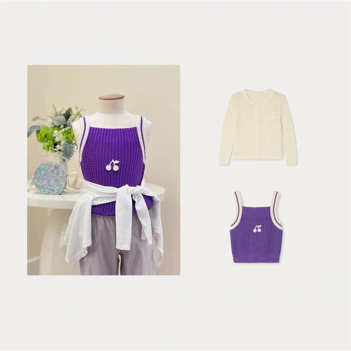 

BP 2026 Summer Girls' Knitted Shirt Cherry Strap Top Girls' Cardigan Knitted Strap Purple Tank Top