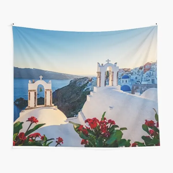 Santorini Tapestry Wall Hanging Beautiful Town Santorini Island Landmark Nature Europe Tapestry for Bedroom Living Room Dorm